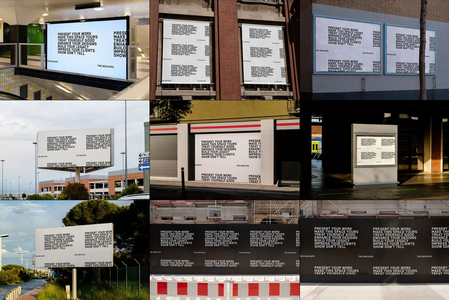 Collage of billboard mockups in urban settings, showcasing ad designs with clear fonts for impactful visual presentations.